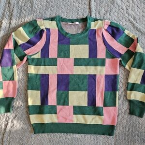 Green and Pink Geometric Color Block Sweater